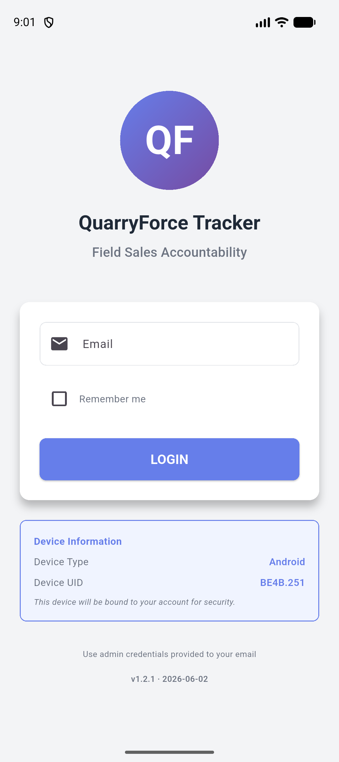 QuarryForce mobile app — login screen with device-binding security